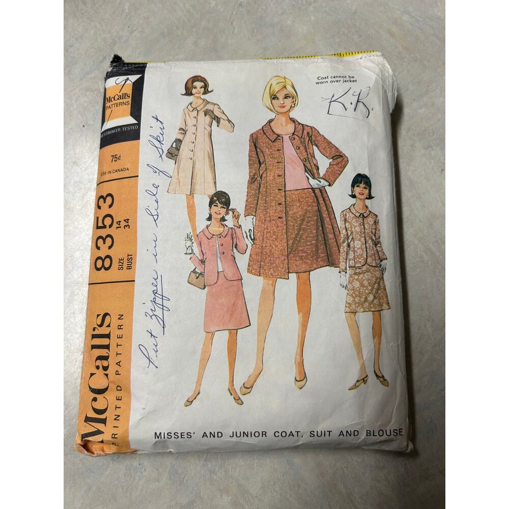 Vintage 1960's McCalls Pattern #8353 Misses Juniors Coat Suit Blouse Size 14